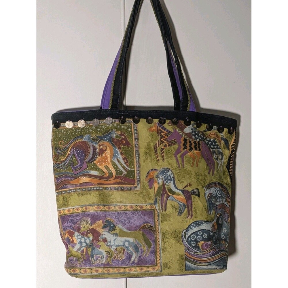 Laurel Burch XLg Tote Bag Wild Horses Abstract Purple Olive Green Canvas Vtg